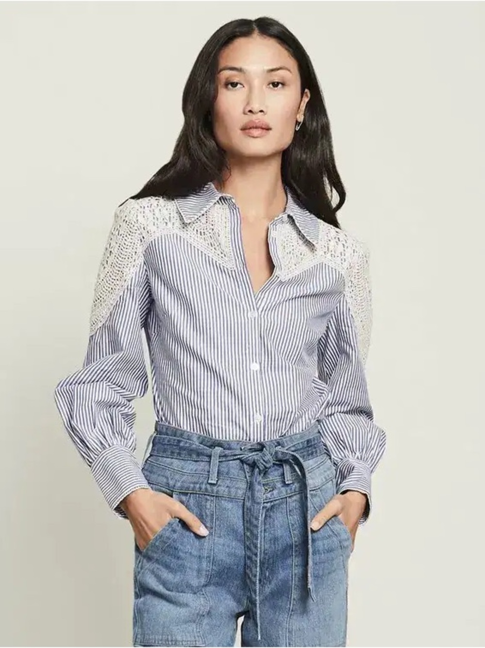 Veronica Beard: Striped Button-Up Shirt with Crochet Yoke